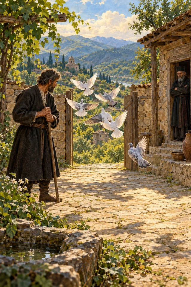 El padre observa a las palomas que regresan al patio para reconocer a su hijo.