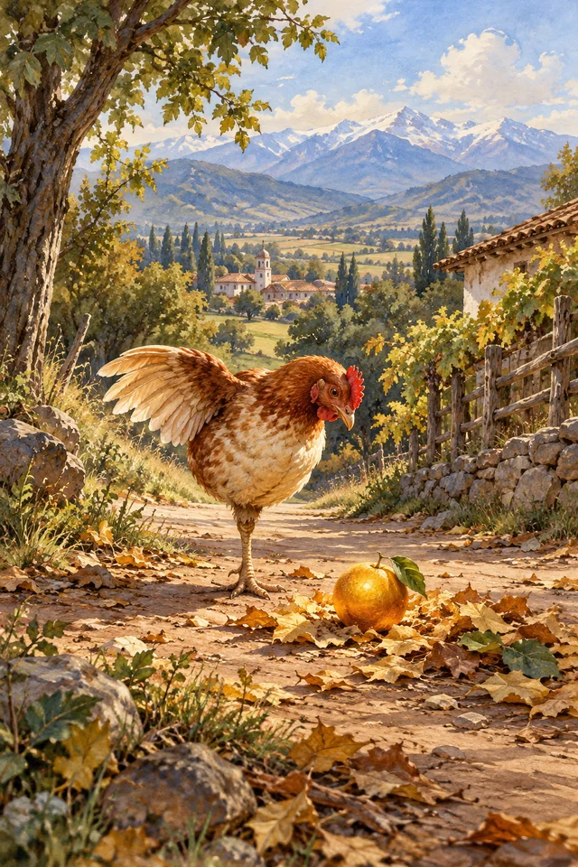 El Medio Pollo encuentra una pequeña naranja de oro entre las hojas del camino.