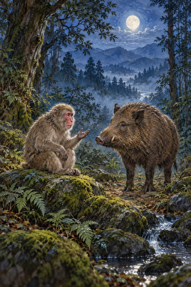 Un mono viejo conversa con un jabalí en el bosque iluminado por la luna.