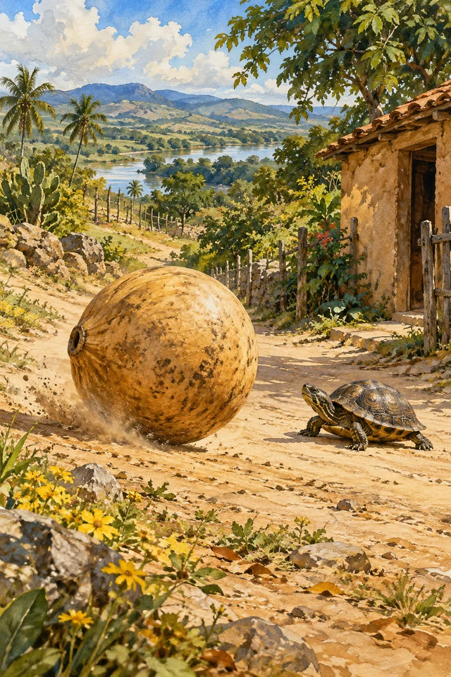 Una gran calabaza avanza por el camino ante el galápago, sin revelar al mono escondido.