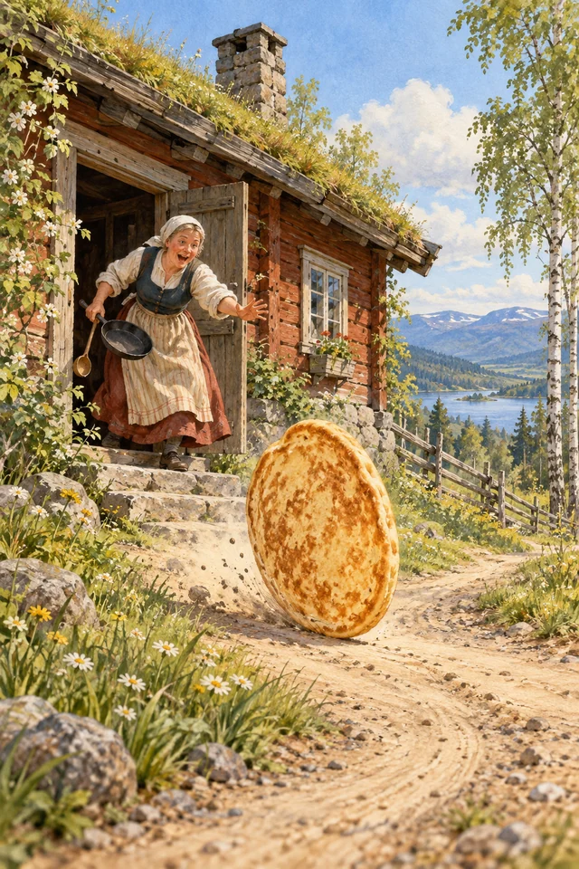 Un panqueque rueda por el camino mientras la madre sale con la sartén y el cucharón.