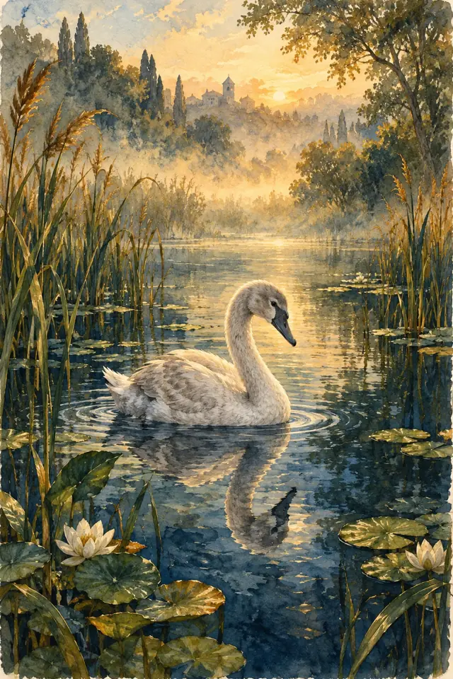 Un cisne joven contempla su reflejo en un estanque rodeado de juncos.
