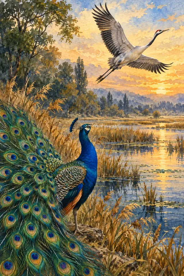 Un pavo real despliega su cola mientras una grulla vuela sobre el humedal.