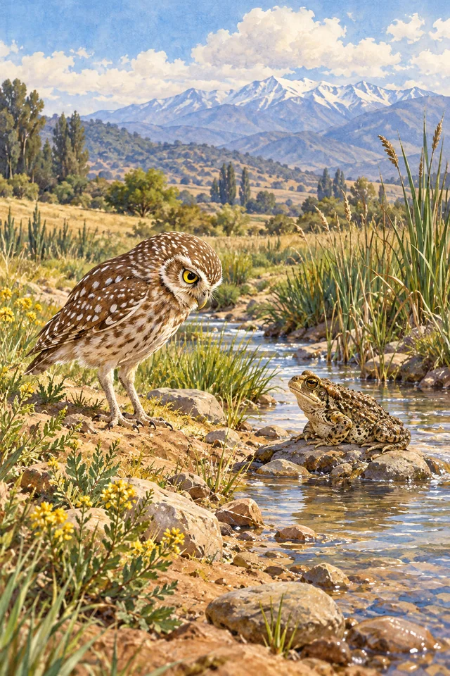 Un pequén observa a un sapo atento junto al agua.