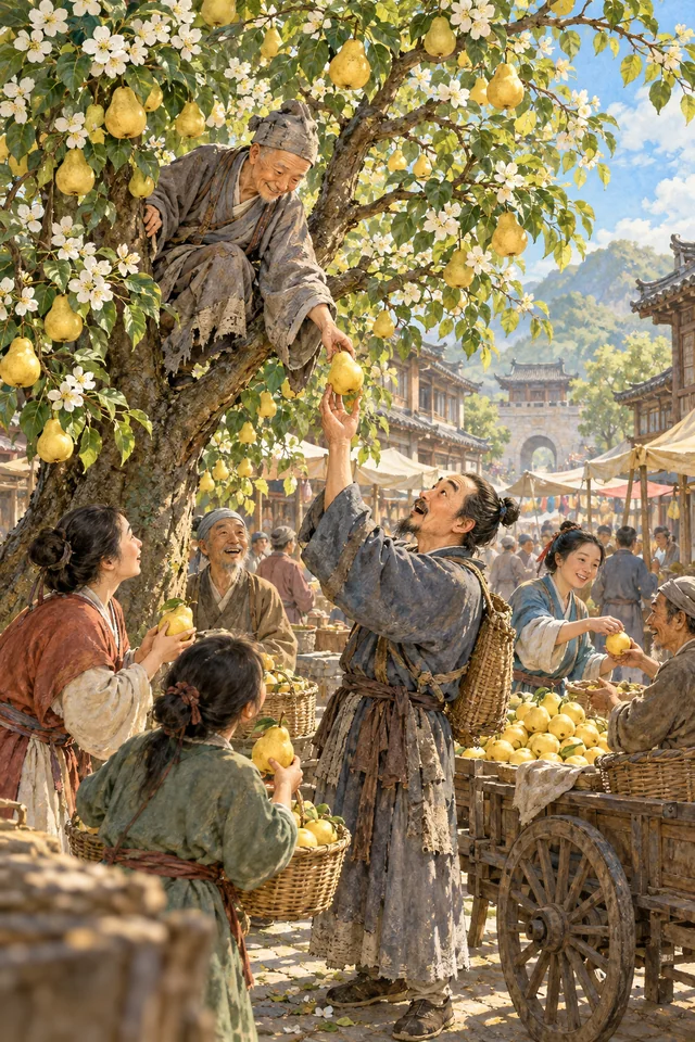 Un monje reparte peras desde un árbol que creció en medio del mercado.