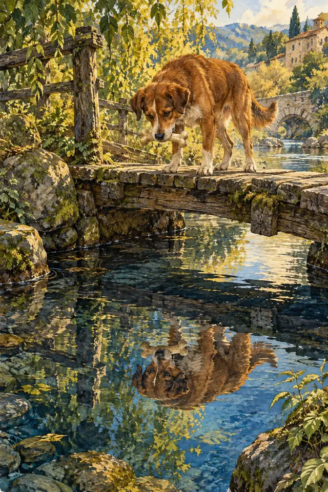 Un perro con un hueso mira su reflejo desde un puente.