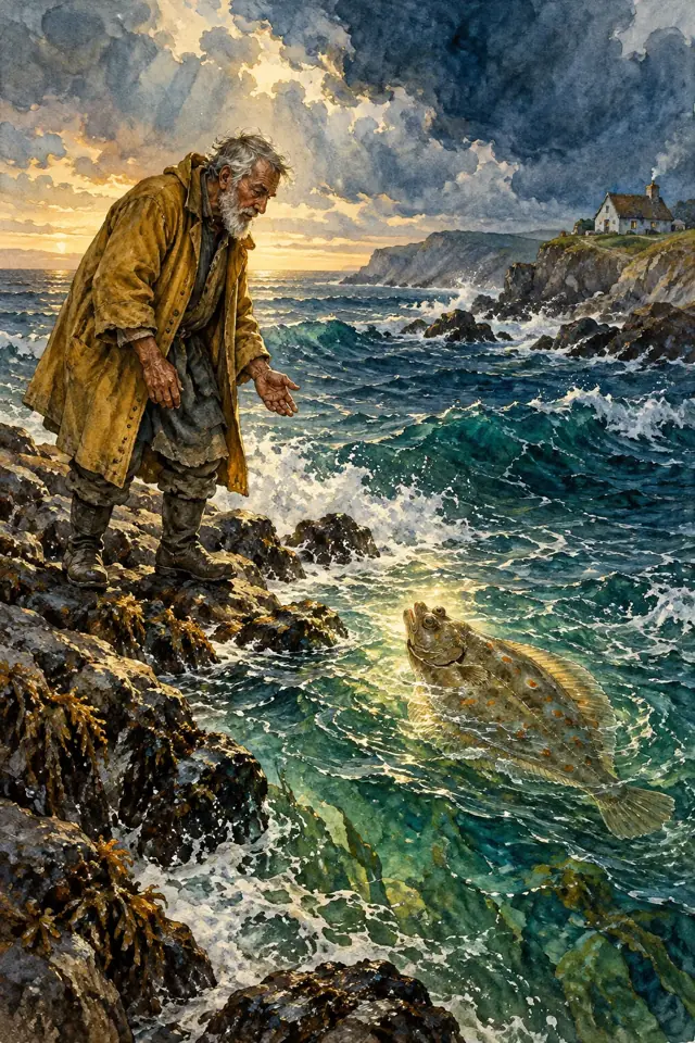 Un pescador habla con un pez encantado en una costa de aguas agitadas.