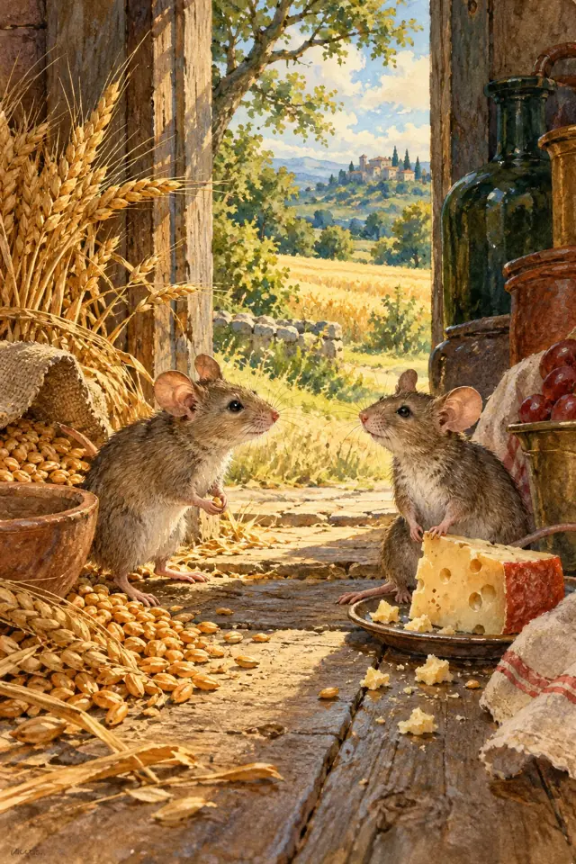 Dos ratones se encuentran entre espigas, queso y la puerta abierta al campo.