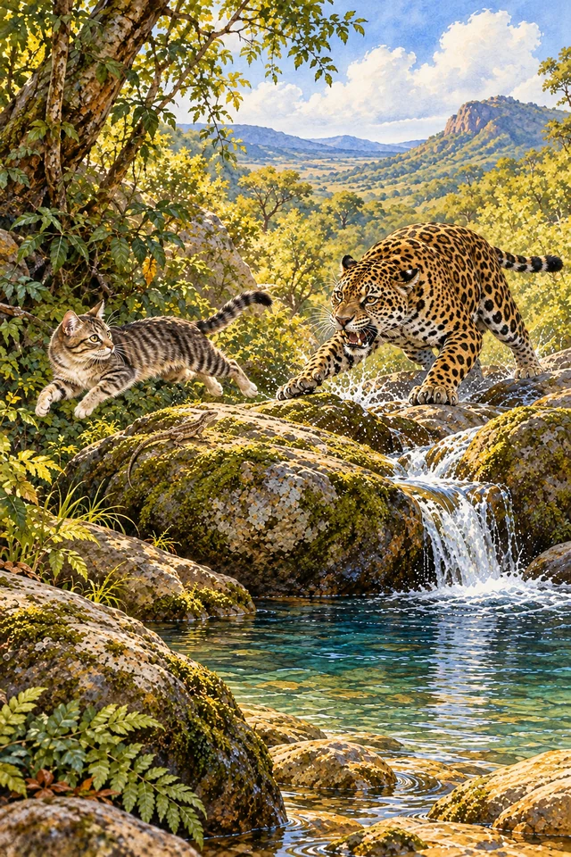 El gato salta de costado y esquiva a la yaguareté junto a la fuente.