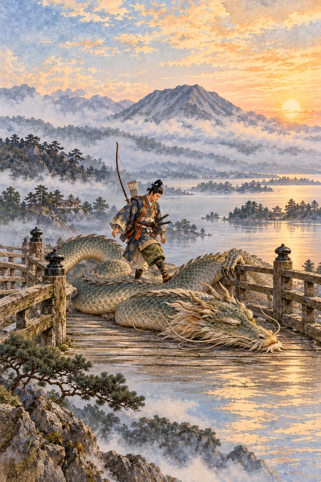 Hidesato cruza el puente del lago Biwa por encima de un dragón dormido.