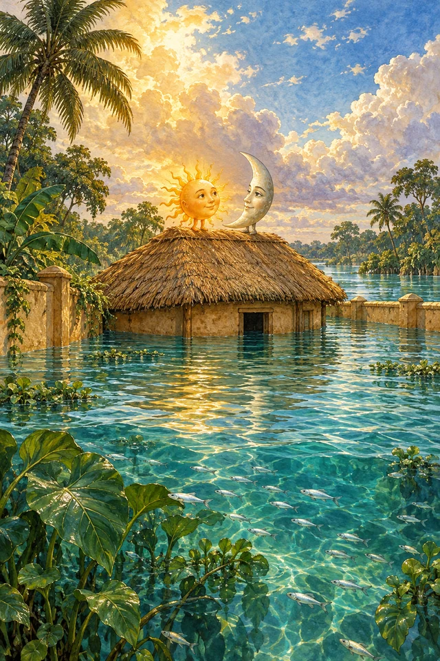 El Sol y la Luna permanecen sobre el techo de su casa mientras el Agua llena el patio y trae peces.