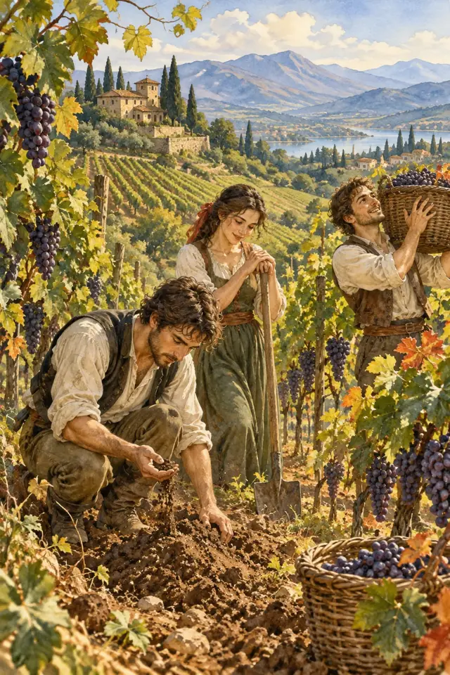 Tres hermanos trabajan la tierra y recogen uvas en un viñedo.
