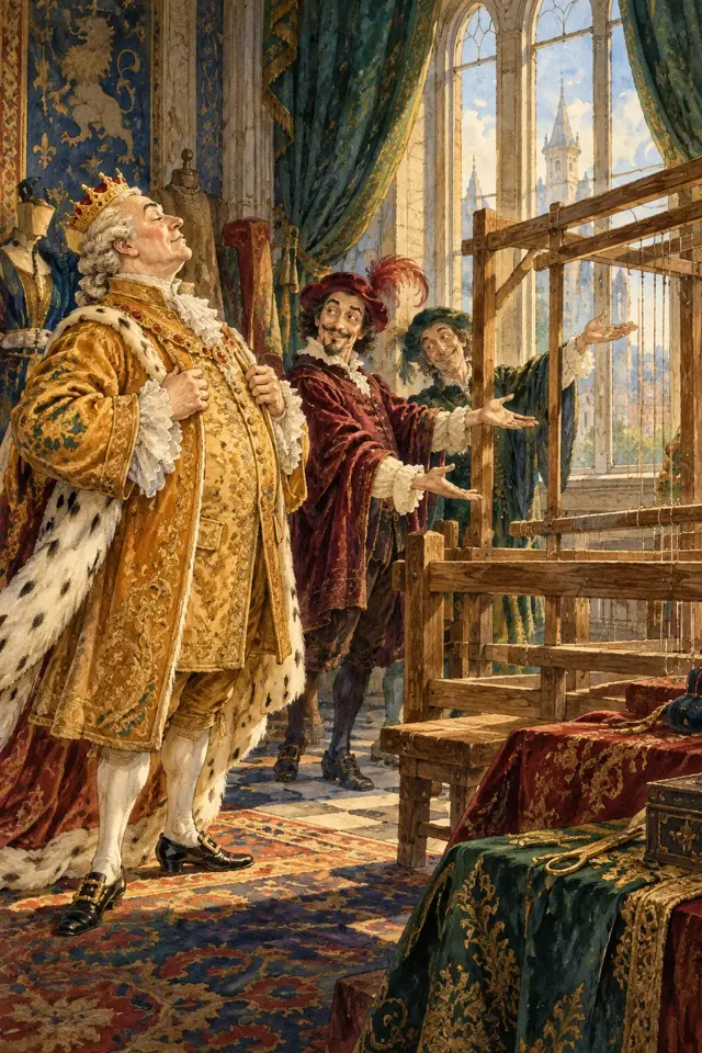 Un emperador vestido con sus ropas observa un telar vacío junto a dos falsos tejedores.