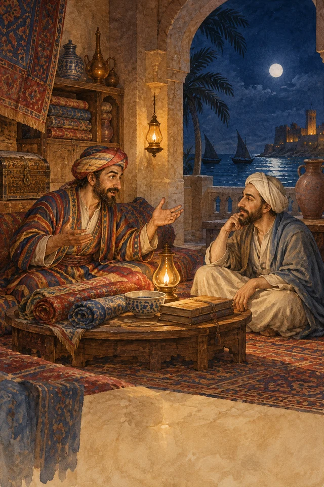 Un mercader explica sus planes a Saadi en una habitación de la isla de Kish.