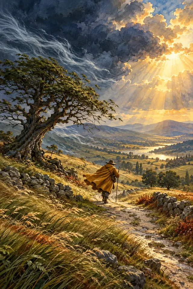 Un viajero camina entre ráfagas de viento y rayos de sol.