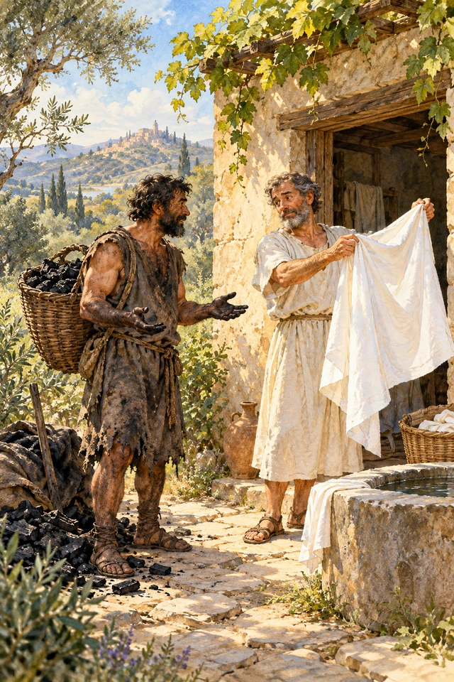 Un carbonero conversa con un blanqueador que sostiene una tela blanca lejos del carbón.