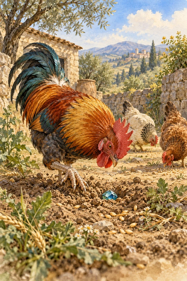 Un gallo encuentra una piedra preciosa mientras busca alimento con sus gallinas.