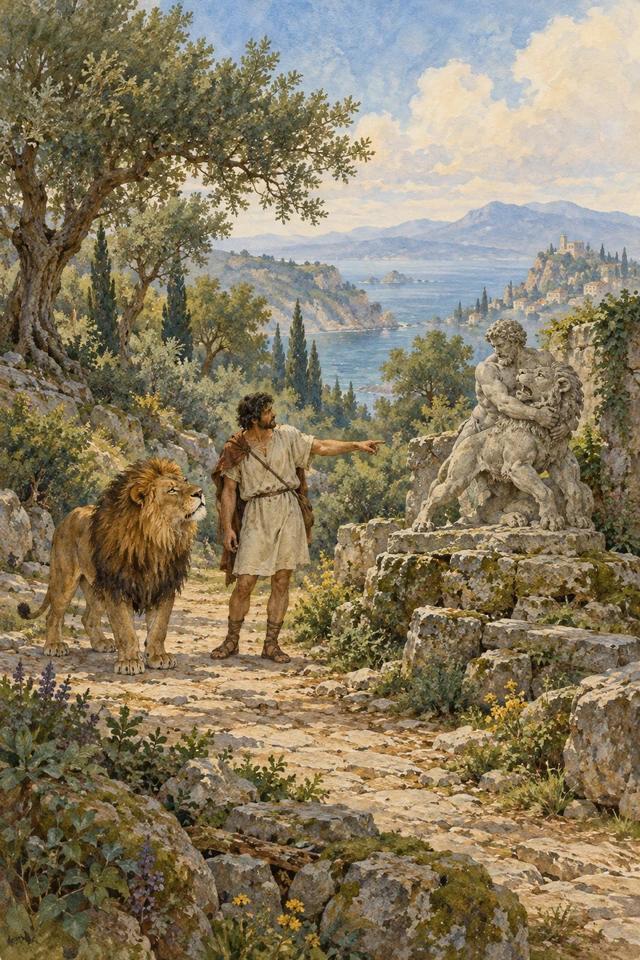 Un hombre señala una estatua de un hombre dominando a un león mientras su compañero león la observa.
