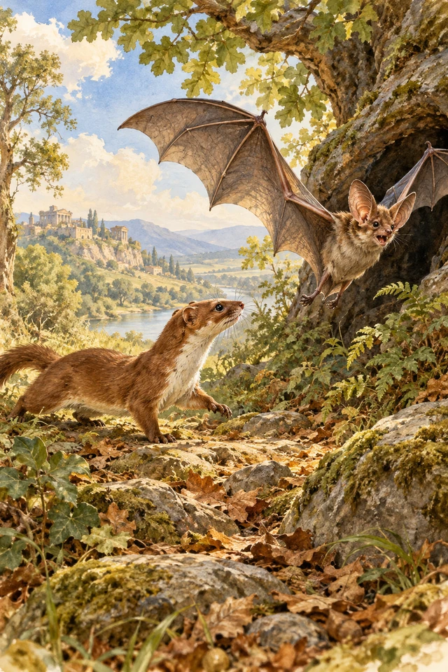 Un murciélago despliega las alas ante una comadreja en el suelo del bosque.