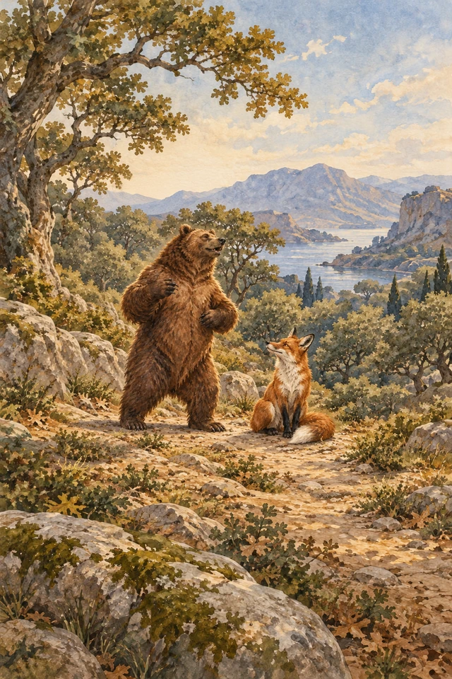 Un oso se yergue ante un zorro que lo escucha con expresión suspicaz.