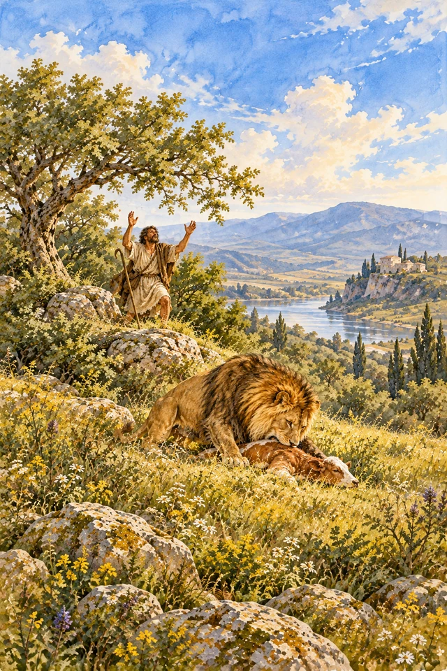 Un pastor alza las manos al ver a un león junto al ternero perdido al pie de una loma.