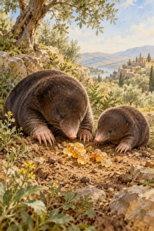 Una madre topo muestra a su cría unos granos de incienso sobre la tierra.