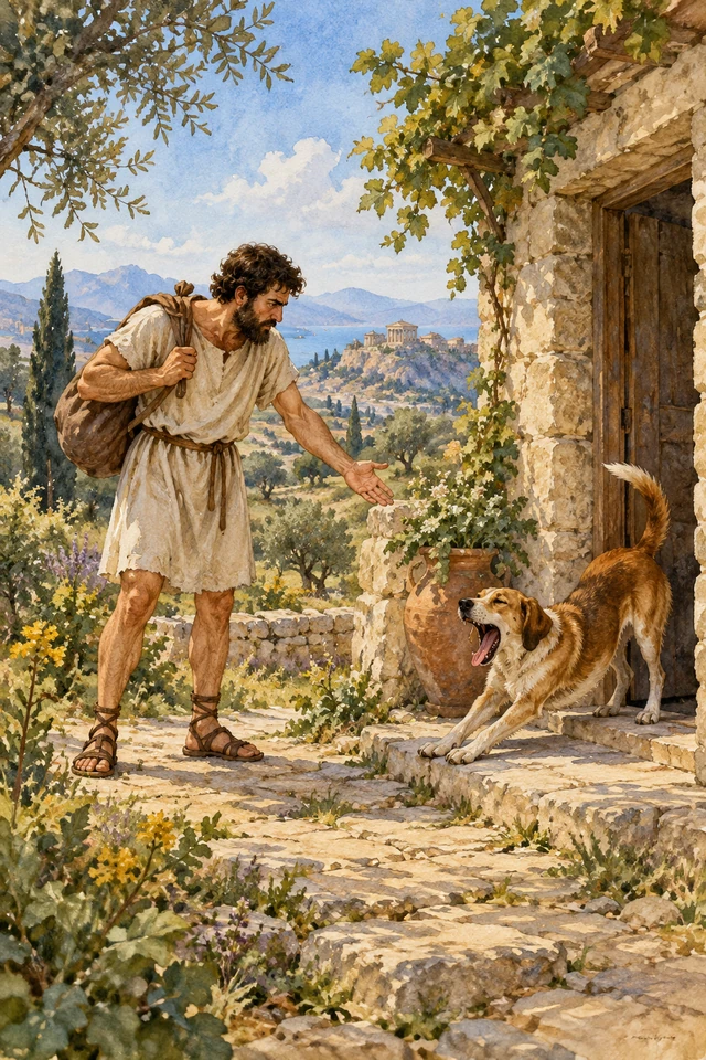 Un viajero reprende a su perro, que se estira junto a la puerta.