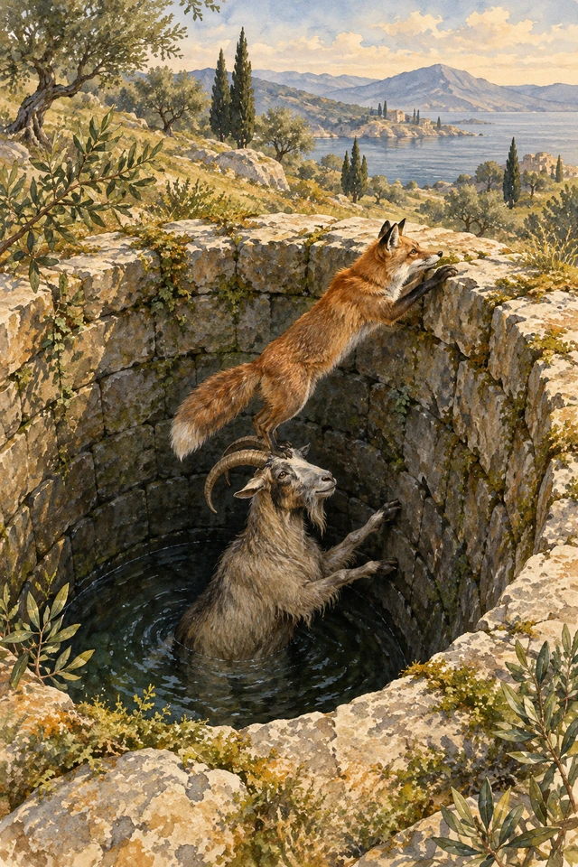 Un zorro trepa por el lomo y los cuernos de un chivo para alcanzar el borde de un pozo.