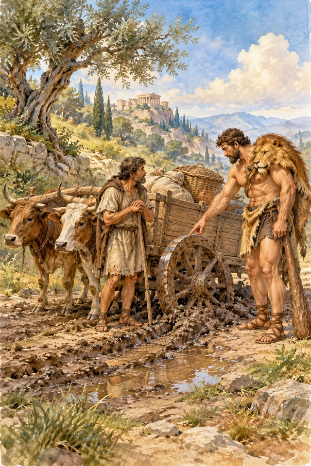 Hércules señala la rueda hundida de un carro mientras el carretero escucha y los bueyes esperan.