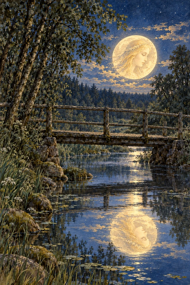 El rostro de la doncella aparece en la Luna y se refleja en el río junto al puente de Vaskjala.