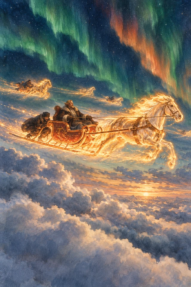 Un trineo y su caballo resplandecen sobre las nubes; el cochero viaja oculto detrás.