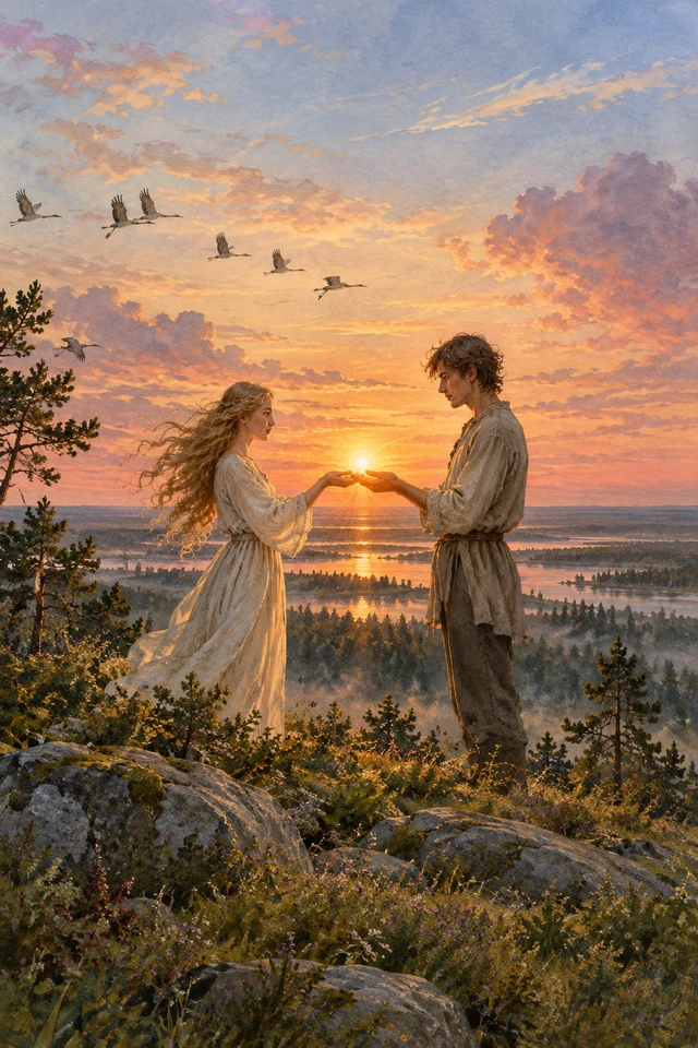 Koit y Ämarik juntan las manos al pasarse la luz del Sol sobre el horizonte de verano.