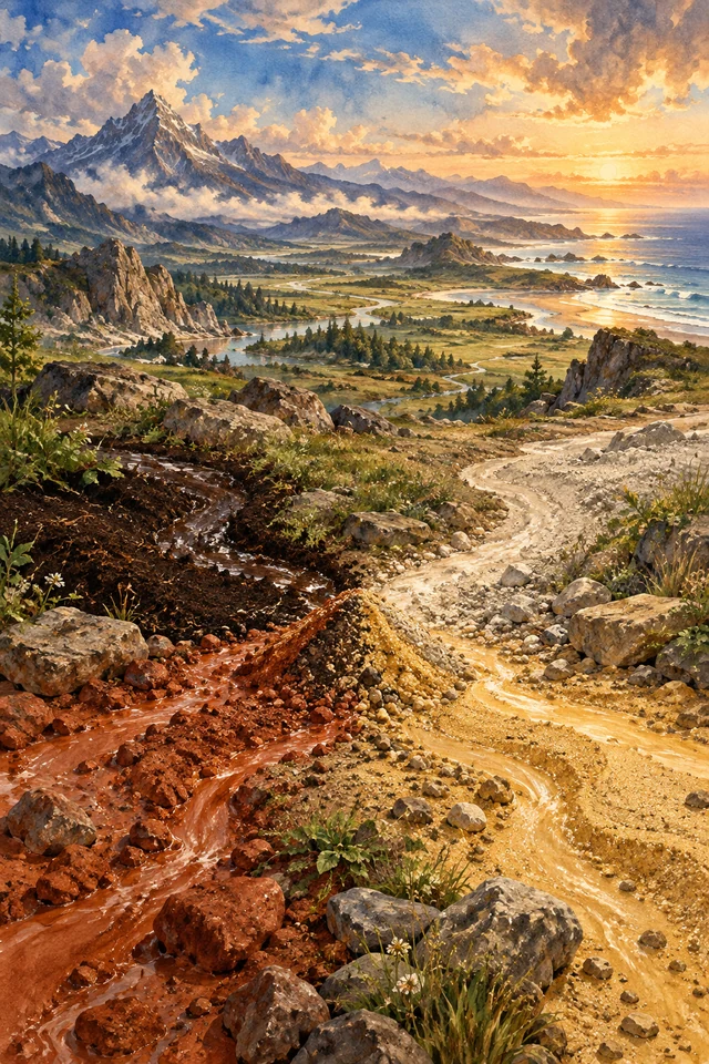 Tierras de distintos colores confluyen bajo un paisaje de montañas, costa y llanuras.