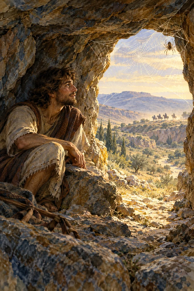 David observa una araña y su tela desde el refugio de una cueva.
