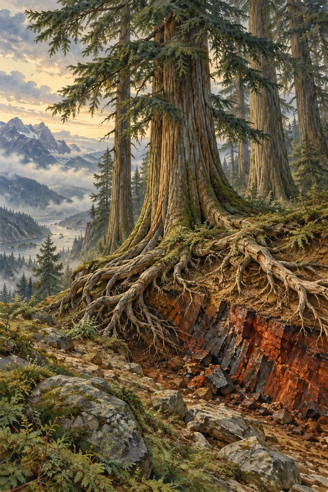 Raíces de grandes árboles se extienden sobre una veta oscura y rojiza de mineral.