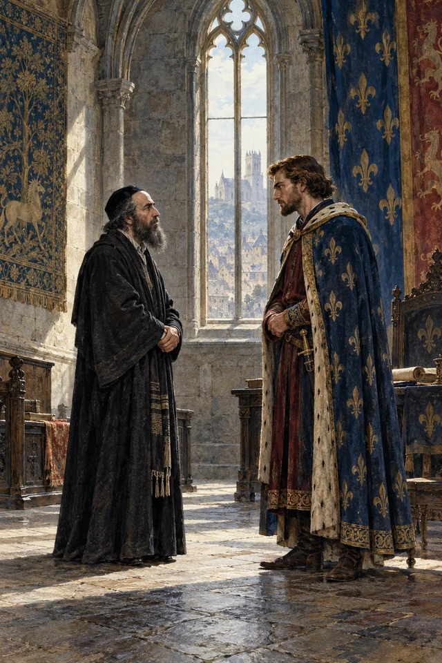 Un rabino y un príncipe se enfrentan con gestos serios en una sala medieval.