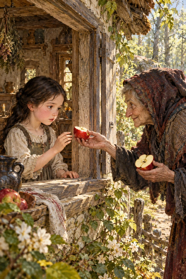 Blancanieves mira la mitad roja de una manzana que le ofrece una anciana por la ventana.