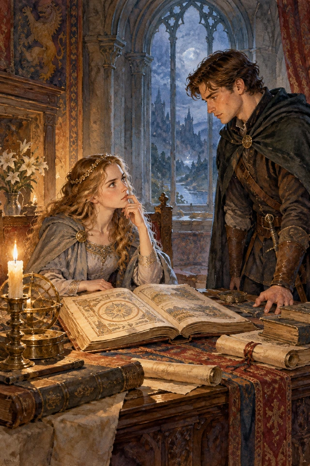 Una princesa busca entre sus libros la respuesta al acertijo del príncipe.