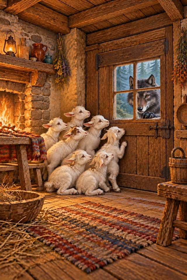 Siete cabritos observan por la ventana la pata negra del lobo y mantienen cerrada la puerta.