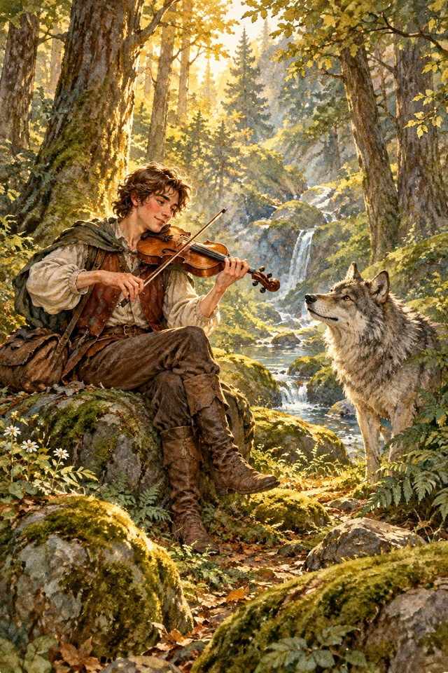 Un músico toca el violín en el bosque mientras un lobo se acerca a escucharlo.