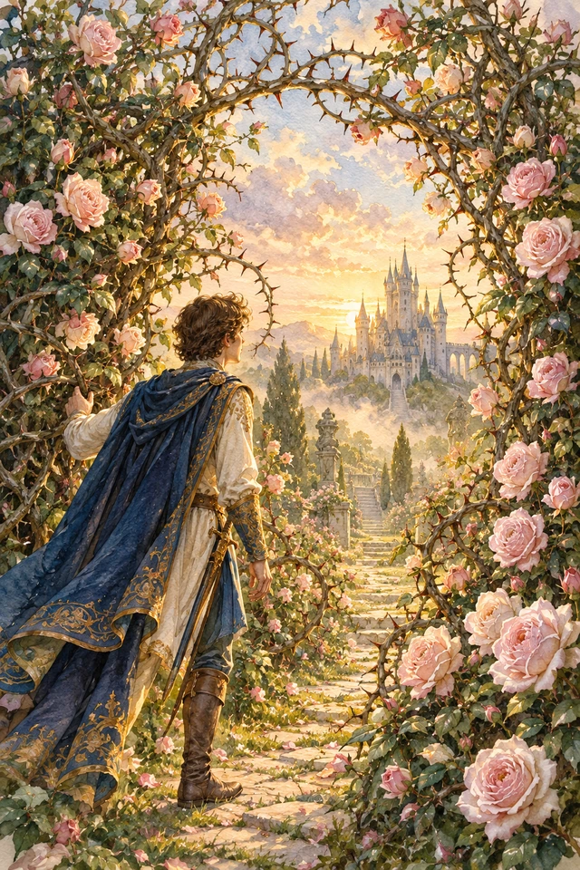 Un príncipe atraviesa el cerco de espinos cubierto de flores hacia el castillo dormido.
