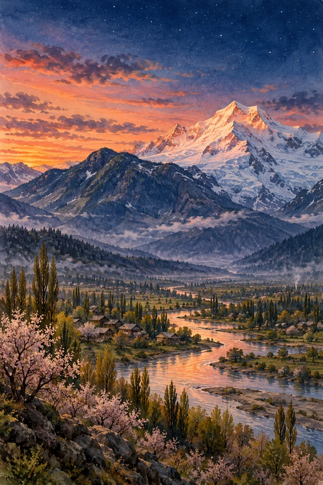 Una cordillera oscura se recuesta visualmente al pie de un pico helado iluminado por el atardecer.