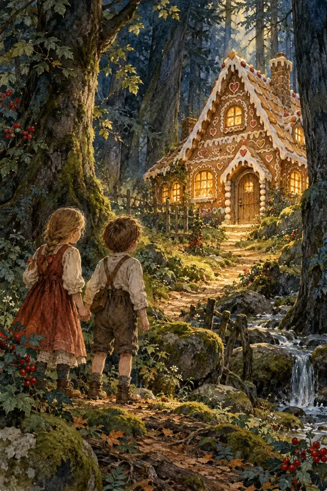 Hansel y Gretel descubren una casita de dulces entre los árboles.