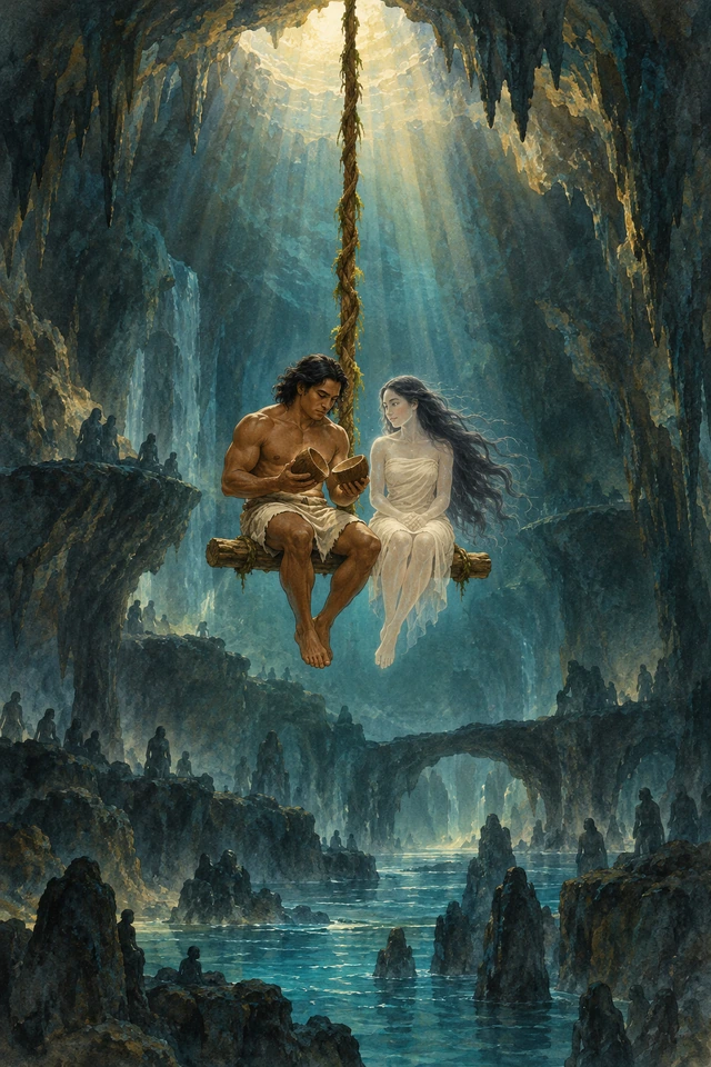Hiku y el espíritu de Kawelu suben en un columpio de kowali dentro de la caverna de Milu.