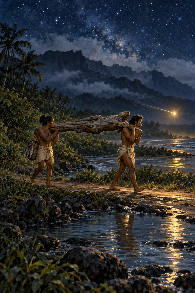 Dos jóvenes llevan una figura de madera por el camino nocturno guiados por una luz de meteoro.