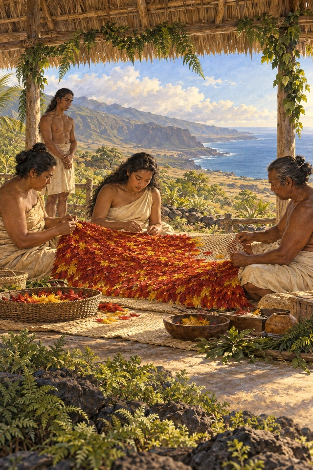 Kanikaniaula trabaja con sus parientes en el manto de plumas mientras Eleio espera.