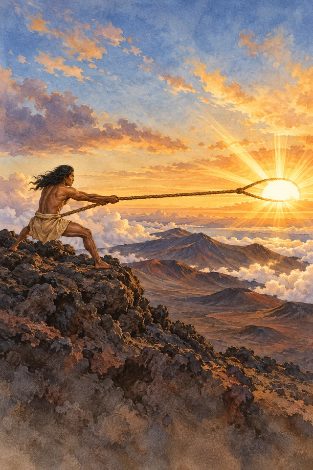 Maui tira de una cuerda de fibra de coco que enlaza un rayo del Sol sobre Haleakala.