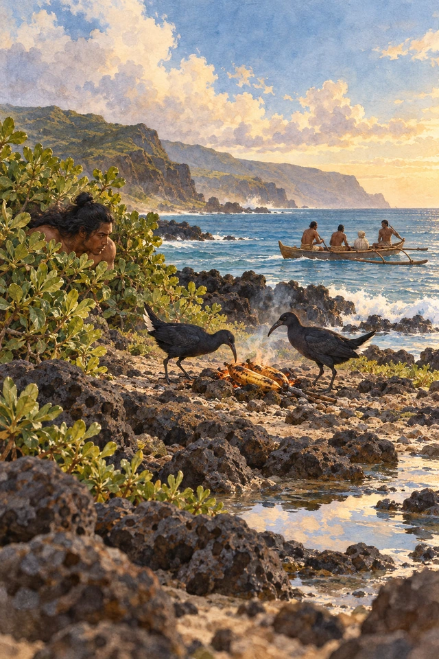 Dos aves alae asan bananas mientras Maui-mua observa escondido y una canoa lleva el señuelo de calabaza.