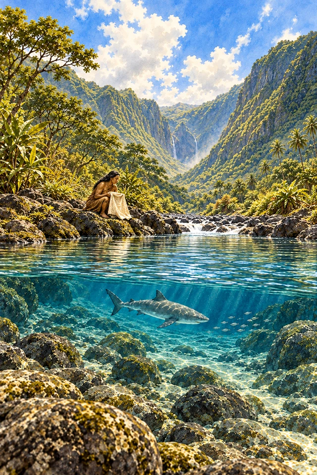 Kalei sostiene el manto de kapa mientras Nanaue nada convertido en tiburón en una poza de Waipio.