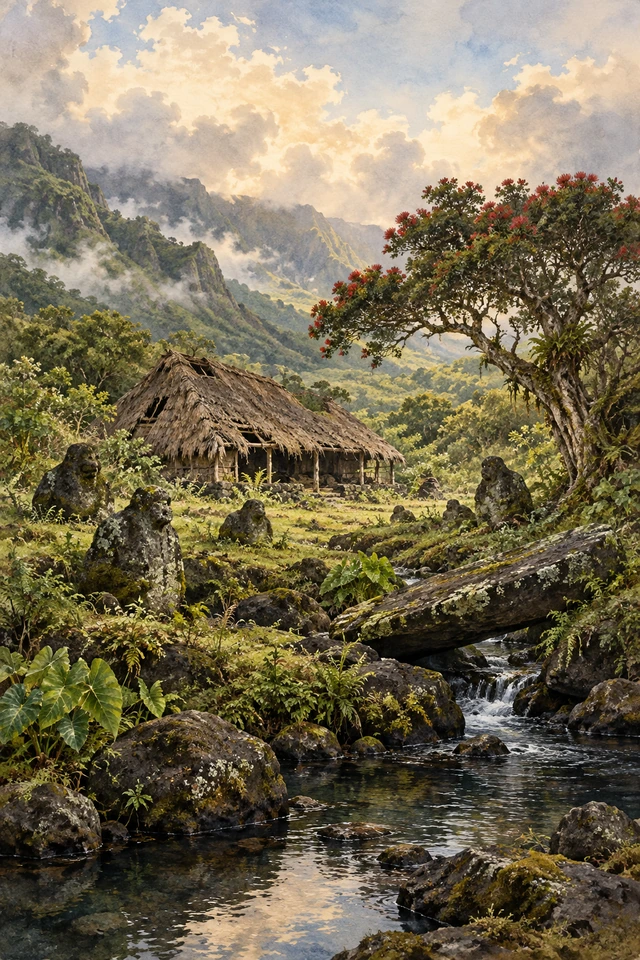 La residencia abandonada de Oahunui permanece entre piedras y un árbol de lehua junto al barranco.